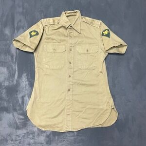 Vintage US Army Military Khaki Shirt 14.5 Tan 1950s Good Specialist Patches